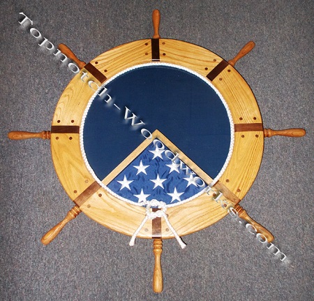Ship wheel shadow box with white rope trim
